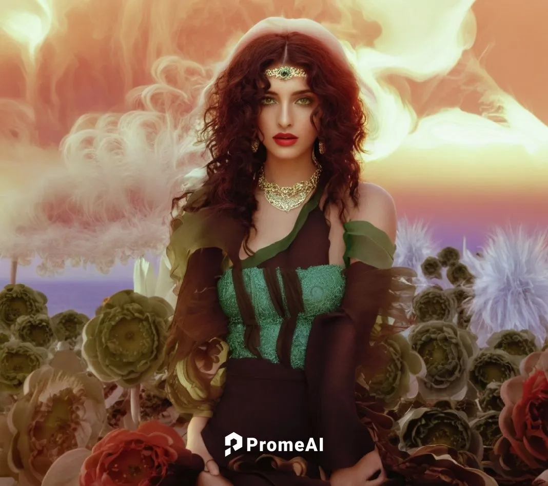 
 nude Beautiful arab girl, full dark curly hair, big green eyes, full red lips, misty sky,a digital painting of a woman in green clothing,gothel,tropico,desert rose,biophilia,kimbra,cher,Photography,