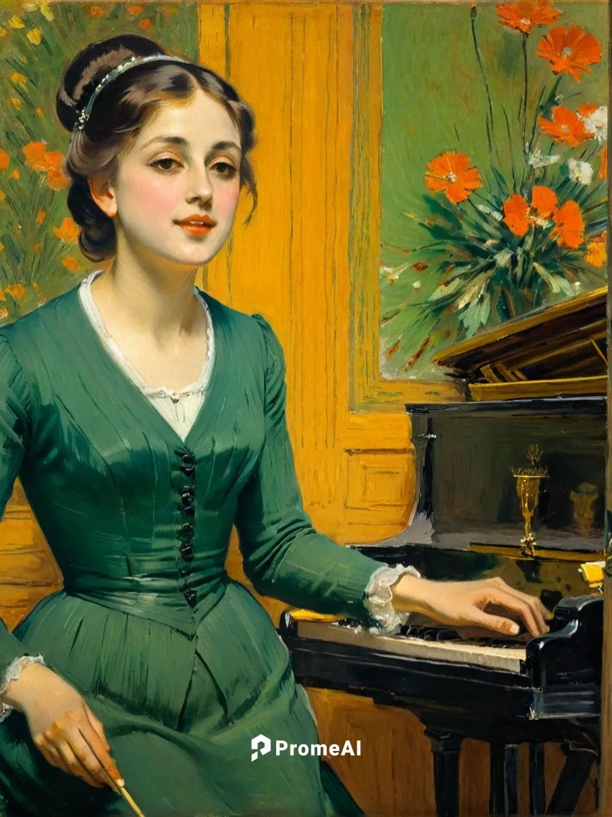 Entertainer in a Parisian piano bar. Let it appear as if a French impressionist, as if Edgar Degas had been painted the whole scene.,a painting of a woman playing the piano,perugini,pianoforte,piano p