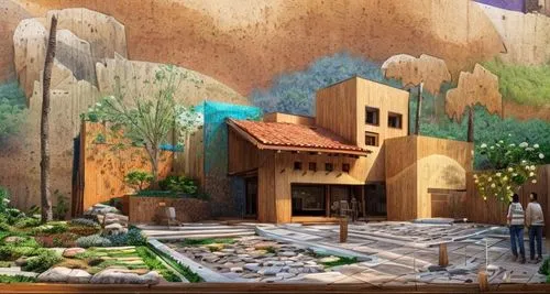 EL EXTERIOR DE UNA CASA CON ESTILO MEXCANO MODERNO, USO DE COLORES VIBRANTES, MATERIALES REFIONALES, TEJA, VIGAS DE MADERA, EN UN AMBIENTE EXUBERANTE, ESTANQUE DE AGUA AL FRENTE.,the model of a desert