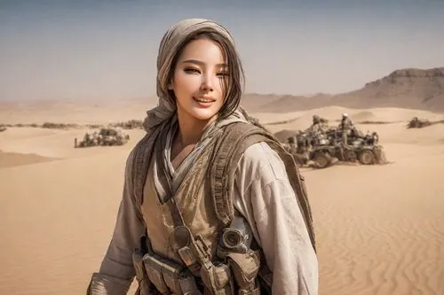 arabian,arabia,female warrior,orientalism,capture desert,inner mongolian beauty,desert background,pure-blood arab,warrior woman,mulan,asian woman,hwachae,theater of war,turpan,bedouin,khanqah,sand road,lost in war,starwars,sandstorm,Photography,Realistic