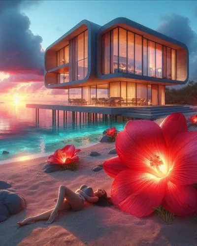 beach house,beachhouse,tropical house,dunes house,beautiful home,flower in sunset,holiday villa,house of the sea,digital compositing,beach moonflower,beach resort,cube stilt houses,3d rendering,house by the water,dream beach,luxury property,flower wall en,ocean paradise,aqua studio,ocean view