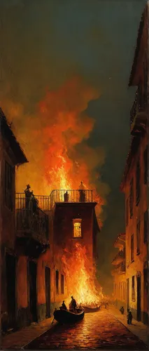 the conflagration,night scene,conflagration,venetian,venezia,fire disaster,inferno,rome night,sweden fire,flamiche,city in flames,burning torch,vesuvius,fire damage,murano,oil lamp,burning house,burning of waste,ponte vecchio,arson,Art,Classical Oil Painting,Classical Oil Painting 44