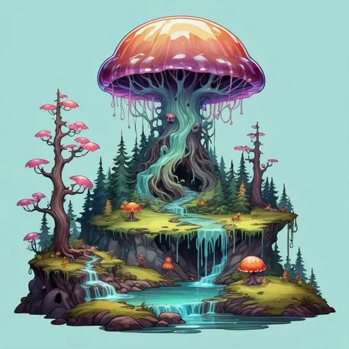 mushroom landscape,mushroom island,tree mushroom,forest mushroom,mushroom type,mushroom,Illustration,Abstract Fantasy,Abstract Fantasy 11