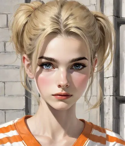 clementine,girl portrait,blond girl,digital painting,portrait of a girl,blonde girl,world digital painting,vector girl,illustrator,bun,portrait background,doll's facial features,blonde woman,fantasy portrait,pupils,cinnamon girl,girl drawing,the girl's face,girl,orange,Digital Art,Comic