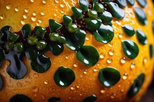 Exotic leopard fruit, vibrant orange-yellow skin, dark green leaves, juicy pulp, sweet aroma, macro close-up, shallow depth of field, warm natural lighting, studio setup, wooden background, few water 