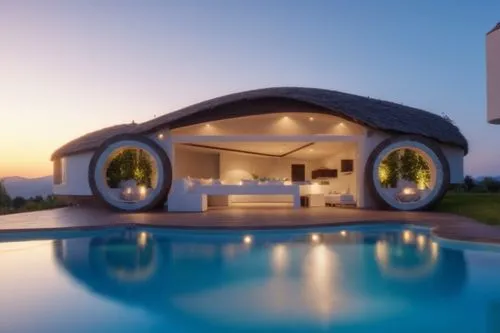 holiday villa,roof domes,igloos,pool house,earthship,cubic house,dreamhouse,futuristic architecture,electrohome,beautiful home,holiday home,dunes house,cube house,luxury property,round hut,igloo,roof landscape,summer house,modern house,trullo,Photography,General,Realistic