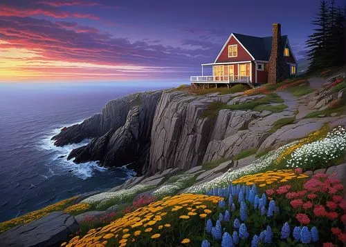 Newfoundland-inspired architecture, colorful saltbox house, steeply pitched roof, wooden shingles, white picket fence, blooming wildflowers, rugged coastline, rocky shoreline, misty ocean air, dramati