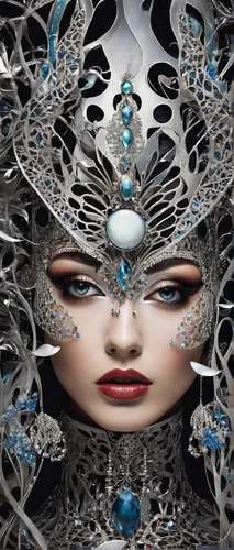 Create a mysterious persona for Nebahat's enchanting face.,the carnival of venice,fractalius,biomechanical,mirror of souls,masquerade,the snow queen,fractals art,filigree,jeweled,facets,cyberspace,dec