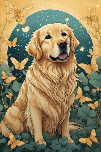 golden retriever,golden retriver,dog illustration,pet portrait,retriever,dog angel,blonde dog,golden autumn,dog drawing,canidae,golden wreath,canine rose,watercolor dog,autumn icon,golden retriever puppy,golden flowers,goldendoodle,companion dog,cheerful dog,labrador,Illustration,Japanese style,Japanese Style 15