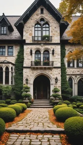 Certain teed architectural, grandiose European-style mansion, intricate stone carvings, ornate Gothic windows, steeply pitched roofs, tall spires, lush greenery surrounding, manicured lawn, vibrant fl