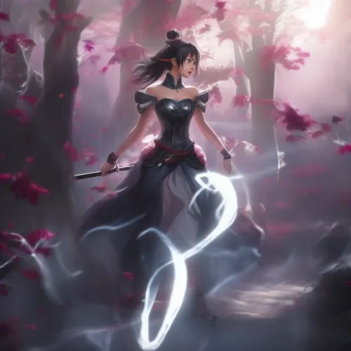 An young women pulling out her sword from behind.,the young woman in an elegant outfit is holding two swords,vayne,akali,fiora,yuexiu,kitana,inara