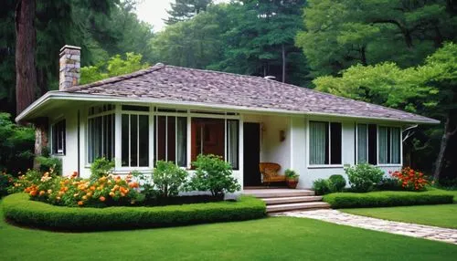 1970s retro style suburban residence, single-story bungalow, sloping roof, wooden exterior walls, large windows with white frames, sliding glass doors, cozy porch with wooden pillars, vintage outdoor 