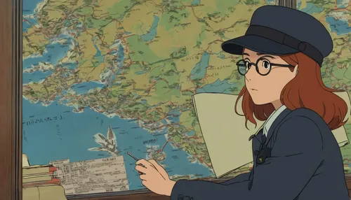 Picture Naama Levy as a skilled spy on a dangerous mission to protect classified information from falling into the wrong hands.,travel woman,studio ghibli,cartography,akko,planisphere,reading magnifyi