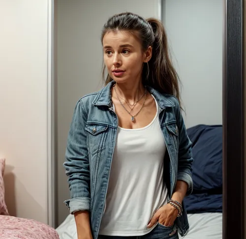 Same person wearing necklace and bracelets. She is  
taking of her jacket in her room infront of her husband,in a shirt,girl in t-shirt,girl in bed,jean jacket,denim jacket,white shirt,room lighting,p