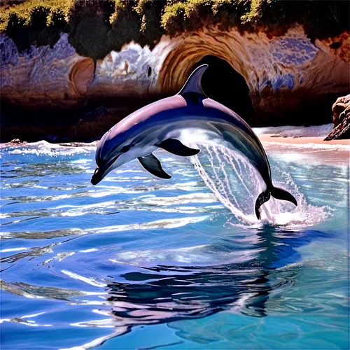 Dolphins, swimming, leaping out of water, shiny blue skin, dorsal fin, blowhole, ocean waves, sunlight reflection, close-up face, friendly smile, playful actions, tropical sea, clear turquoise water, 