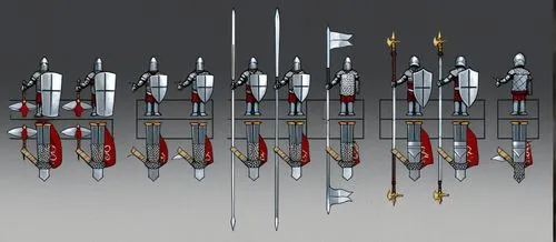 Miniature of fantasy warrior soldier and knight ,a drawing of armor of various shapes and sizes,halberds,polearms,tribal arrows,swords,decorative arrows,spearmen,armoury,pikemen,inward arrows,naginata