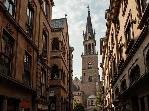 Intricate stone carvings, ribbed vaults, pointed arches, flying buttresses, grandiose spires, ornate gargoyles, steeply pitched roofs, slate tiles, copper finials, Gothic Revival style, medieval-inspi