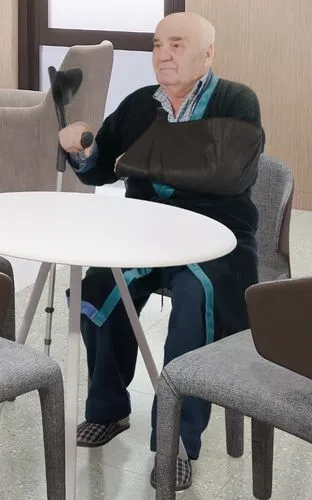 Korean wearing casts on elderly arms sitting on chairs,elderly man,lenderman,new concept arms chair,sports center for the elderly,elderly person,geriatric,retirement home,grampy,grandpa,devito,care fo