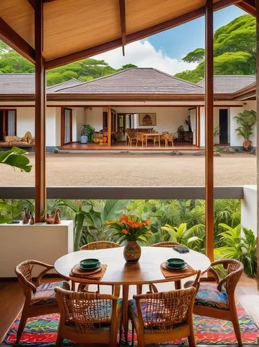 Tropical bungalow, modern Nigerian architecture, one-story building, sloping roof, wide eaves, large windows, sliding glass doors, white walls, brown wooden accents, vibrant greenery, lush gardens, pa