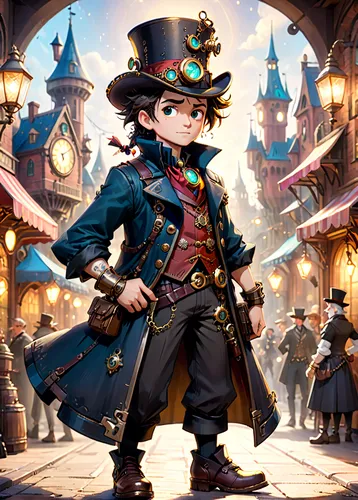 hatter,steampunk,ringmaster,pinocchio,game illustration,children's background,shanghai disney,bellboy,town crier,hamelin,galleon,clockmaker,hans christian andersen,charreada,magical adventure,fairy tale character,musketeer,stovepipe hat,geppetto,the pied piper of hamelin,Anime,Anime,Cartoon