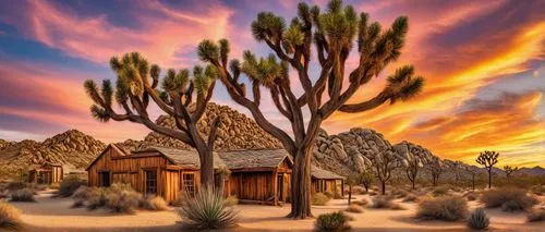 desert desert landscape,desert landscape,joshua trees,mojave desert,inyokern,arid landscape,capture desert,the desert,log cabin,wild west hotel,high desert,pioneertown,arid land,tahquitz,home landscape,wooden houses,cabins,mesquite flats,stone desert,southwestern,Illustration,Realistic Fantasy,Realistic Fantasy 11