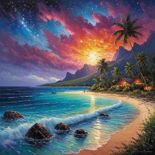 Temae beach, Moorea, beautiful sunset, stars, fireflies, epic, vibrant,  masterpiece, warm colors, summer, oil painting by James Gurney,there is a painting of an island that has the sun setting,beach 