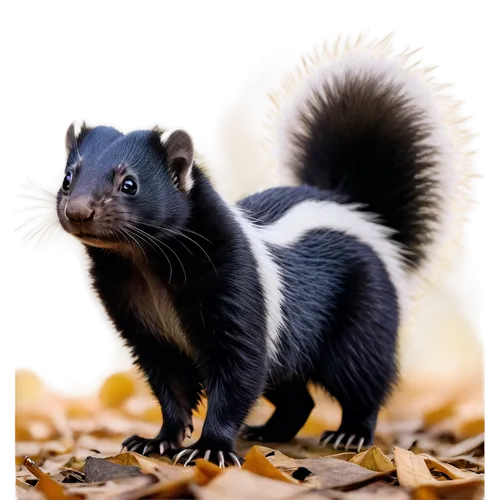 Wildlife photography, solo skunk, adult, black and white fur, fluffy tail, cute face, whiskers, standing, looking up, daytime, natural habitat, forest floor, leaf litter, shallow depth of field, warm 