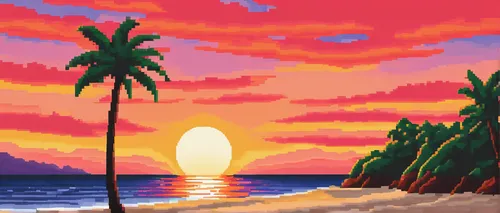 pixel art,tropics,coast sunset,luau,sunset,tropical sea,sunset beach,palmtrees,dream beach,beach scenery,sunset glow,tropical beach,beach ball,ocean,palm trees,tropical island,an island far away landscape,ocean paradise,island,aloha,Art,Artistic Painting,Artistic Painting 21