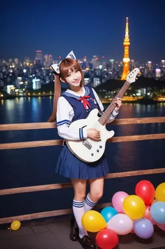 Kaprisun, Japanese idol, cute smile, sparkling eyes, twin tails hairstyle, colorful hair clips, sailor-style school uniform, short pleated skirt, white knee-high socks, brown loafers, holding a guitar