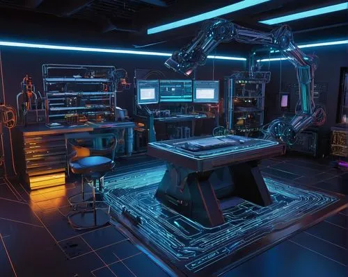 sci fi surgery room,computer room,ufo interior,game room,music workstation,computer workstation,the server room,laboratory,cyberpunk,control center,computer desk,control desk,working space,construction set,research station,workbench,sound space,barebone computer,consoles,aqua studio,Illustration,Retro,Retro 09