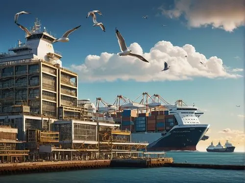 Port city, modern architectural style, large commercial building, intricate signage, golden lettering, glass and steel structure, ocean view, cargo ships in the distance, seagulls flying overhead, sun