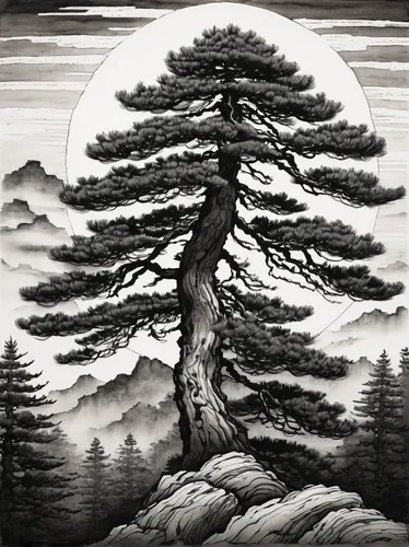 Sumi E Ink Wash Painting Of A Chinese Pine Tree Pine Tree,cool woodblock images,the japanese tree,pine-tree,oregon pine,pine tree,black pine,woodcut,spruce-fir forest,woodblock prints,white pine,water