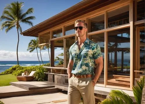 Hawaiian architectural designer, male, 30s, muscular, short hair, sunglasses, Hawaiian shirt, khaki pants, sandals, holding blueprints, standing, outdoor, tropical landscape, palm trees, beach house, 