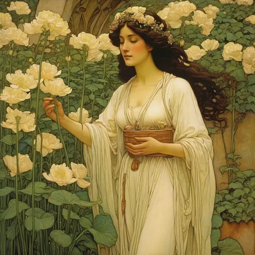 mucha,holding flowers,rosa 'paloma blanca,flora,way of the roses,white roses,with roses,artemisia,scent of roses,lady banks' rose ,lady banks' rose,the sleeping rose,girl in the garden,art nouveau,rusalka,secret garden of venus,hedge rose,noble roses,scent of jasmine,floribunda,Illustration,Retro,Retro 01