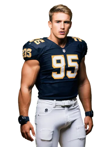 Muscular man, shocker athlete, American football player, dynamic pose, strong facial expression, short blonde hair, sweaty skin tone, athletic build, broad chest, ripped biceps, tight jersey, football