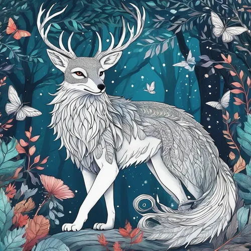 Illustrate a magical forest with mythical creatures.,deer illustration,winter deer,forest animal,woodland animals,forest animals,winter animals,canidae,stag,the snow queen,young-deer,deer drawing,cari