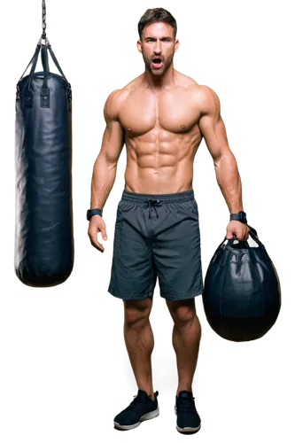 Muscular man, shirtless, sweaty, intense facial expression, messy short hair, rugged beard, powerful chest, ripped abs, strong legs, athletic shorts, sneakers, punching bag, dynamic pose, low-angle sh