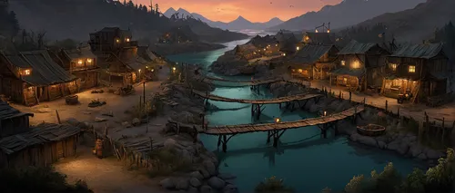 alpine village,mountain village,mountain settlement,fantasy landscape,fishing village,escher village,aurora village,winter village,mountain huts,medieval town,world digital painting,knight village,resort town,floating huts,spa town,fantasy picture,northrend,wooden houses,water mill,river landscape,Illustration,Realistic Fantasy,Realistic Fantasy 35