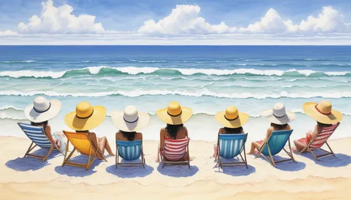 straw hats,people on beach,beach chairs,summer beach umbrellas,beach goers,deckchairs,straw hat,beach furniture,sun hats,beach landscape,dream beach,motif,beach background,island group,the people in the sea,beach chair,art painting,beach scenery,the beach fixing,sea beach,Illustration,Paper based,Paper Based 08