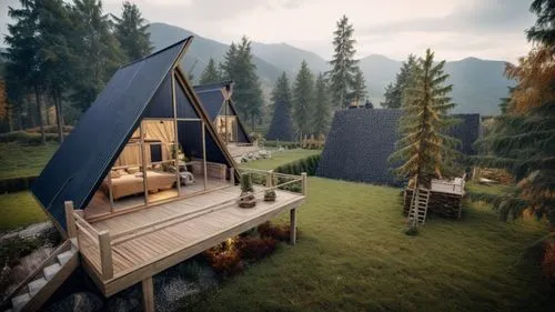 a small wooden cabin with a table and chairs,miniature house,small cabin,cubic house,house in the forest,wooden hut,the cabin in the mountains,house in the mountains,inverted cottage,little house,summ