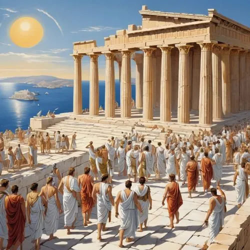 greeks,school of athens,greek temple,the ancient world,greek in a circle,parthenos,Art,Classical Oil Painting,Classical Oil Painting 02