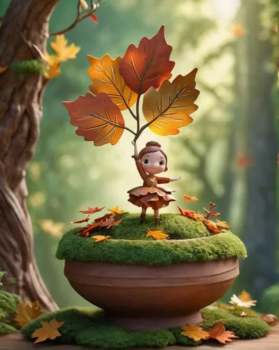 autumn cupcake,autumn background,chestnut mushroom,maple bonsai,acorn,autumn theme,Unique,3D,3D Character