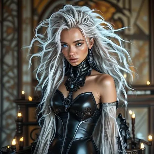 a  woman with long hair, dressed in leather and a top with chains,ororo,lilandra,sindel,witchblade,khatuna,fantasy art