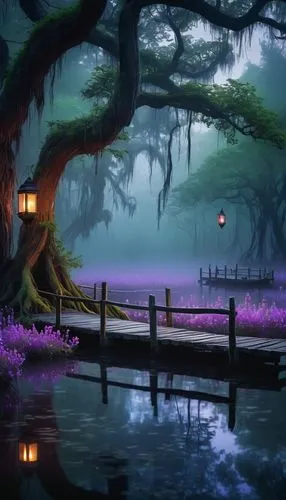 fantasy landscape,fantasy picture,purple landscape,swamps,cartoon video game background,bayou,landscape background,fairy forest,fantasy art,fairyland,enchanted forest,fairy world,elfland,neverland,blackmoor,night scene,swampy landscape,world digital painting,moonlit night,treehouse,Conceptual Art,Oil color,Oil Color 08