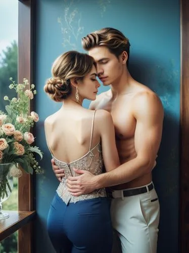 Create an elegant couple in love that will show off your best work.,a man and woman are emcing in front of the window,maxon,vintage man and woman,honeymoon,vintage boy and girl,romantic scene,liason,P