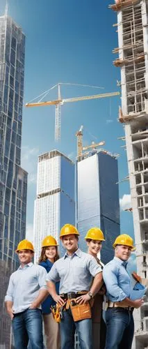 Union of architectural workers, group of people, diverse ages, casual clothing, hard hats, tool belts, holding blueprints, standing in front of a half-built skyscraper, cityscape background, sunny day