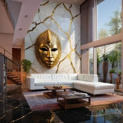 gold mask,golden mask,gold wall,modern decor,contemporary decor,interior modern design,gold stucco frame,luxury home interior,gold leaf,3d rendering,golden buddha,interior decor,interior decoration,gold paint stroke,glass wall,great room,living room,bronze wall,modern living room,interior design