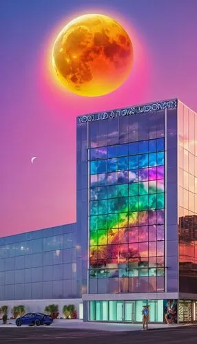 celtic grim widow  rainbow, moon sunset white ceramics wall, , bright  black eyes photography,  mural in the top of the building, ,globalfoundries,futuristic art museum,artscience museum,spacehab,walt