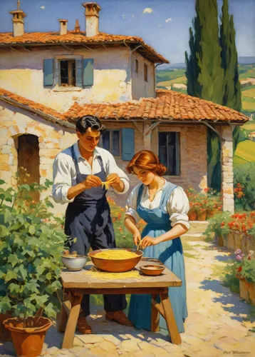 tuscan,italian painter,provencal life,work in the garden,girl in the kitchen,woman holding pie,young couple,grape harvest,marroni,campagna,provence,winemaker,woman with ice-cream,sicilian cuisine,apulia,grana padano,taglierini,la violetta,tamburello,village scene,Art,Classical Oil Painting,Classical Oil Painting 23