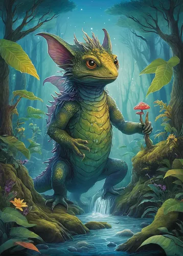 Write a heartwarming children's story about a magical berrance creature and its adventures.,forest dragon,axolotl,kobold,scandia gnome,forest fish,fantasy portrait,cuthulu,fantasy art,water creature,f